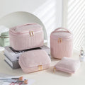 Flannelette makeup bag four-piece set in cube style, shown in khaki, pink, and dotted colour options.