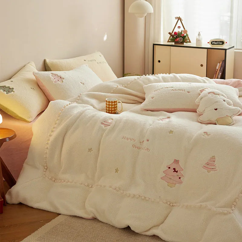 Green and pink Christmas tree printed milk fibre bedding set with quilt cover, sheet, and pillowcases.