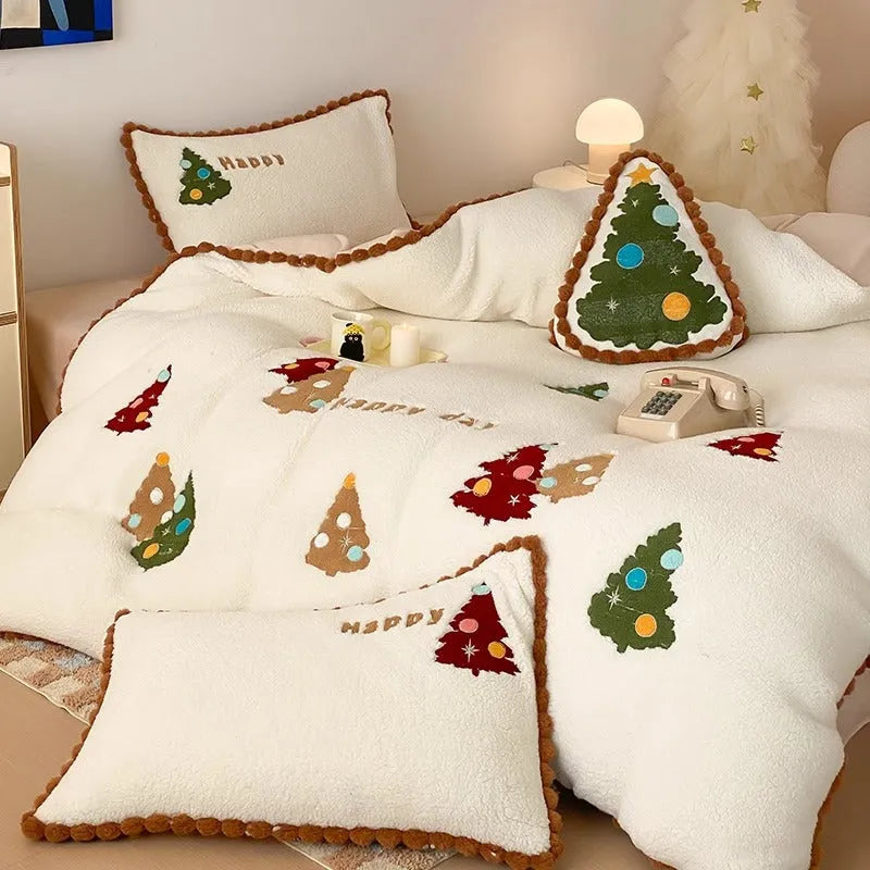 Bright yellow fleece-lined four-piece bedding set with embroidered Christmas cartoon pattern.