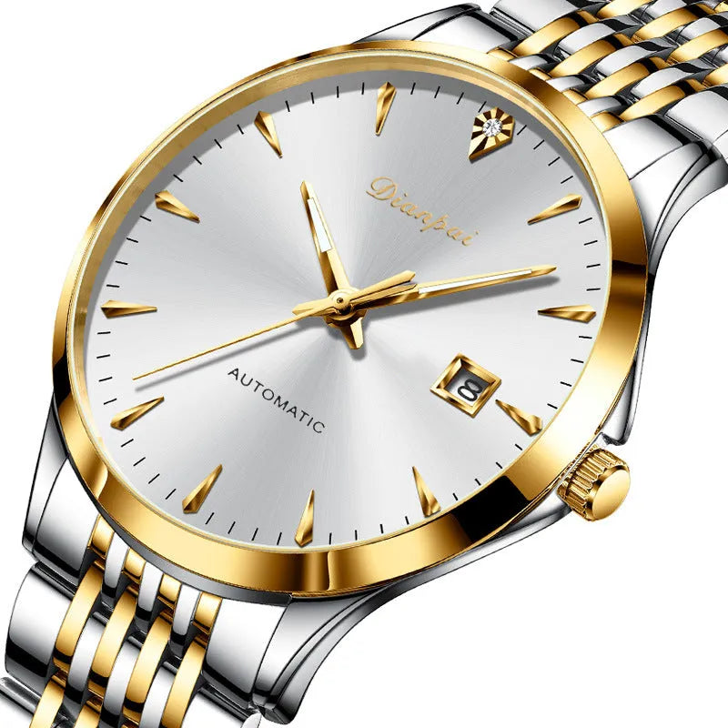 Men's stainless steel automatic mechanical watch with simple white dial on wrist.