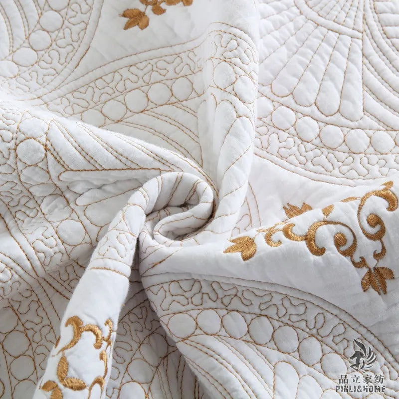 Pure cotton European-style embroidered bed cover set with two pillowcases on a 1.8m bed.