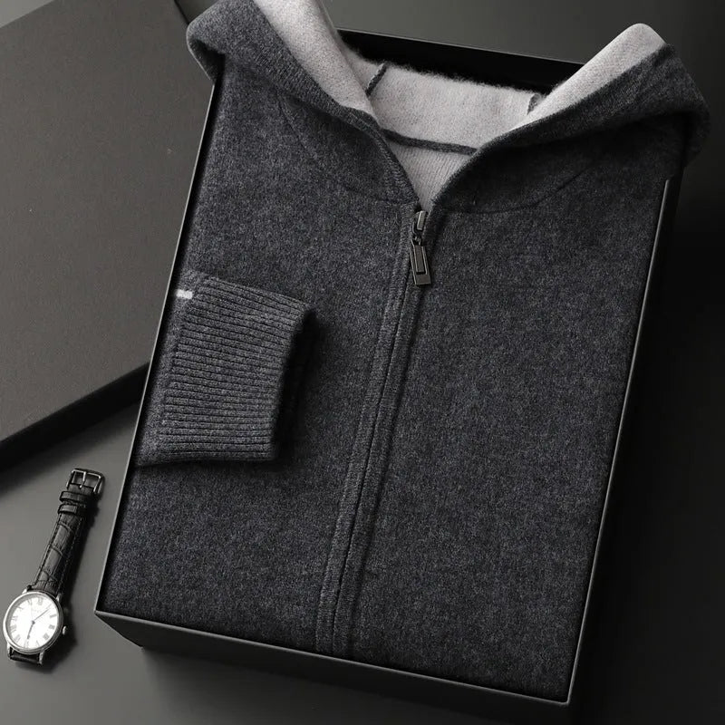 Dark blue men's loose-fit cashmere zip cardigan with a half-high collar, shown on a model.