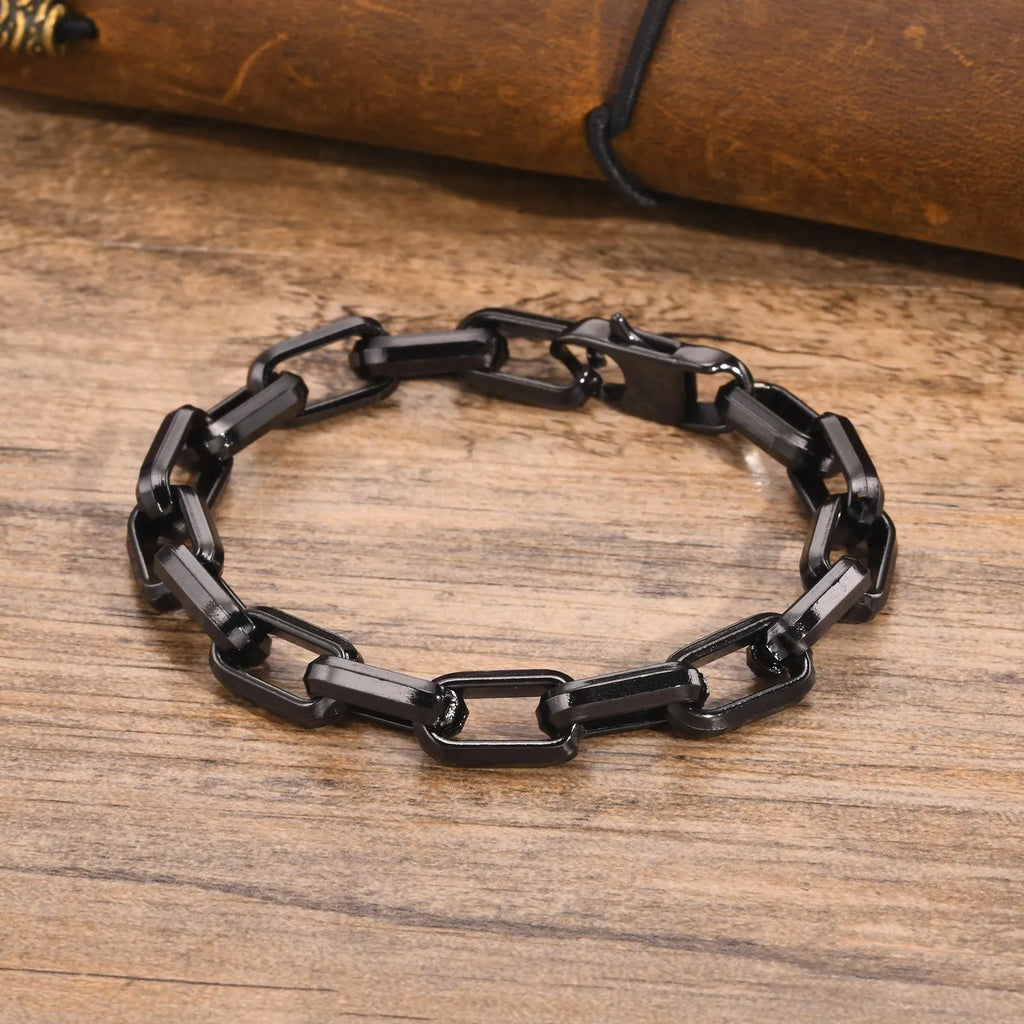 Men's simple square chain titanium steel bracelet in steel, gold, black, and retro colours.