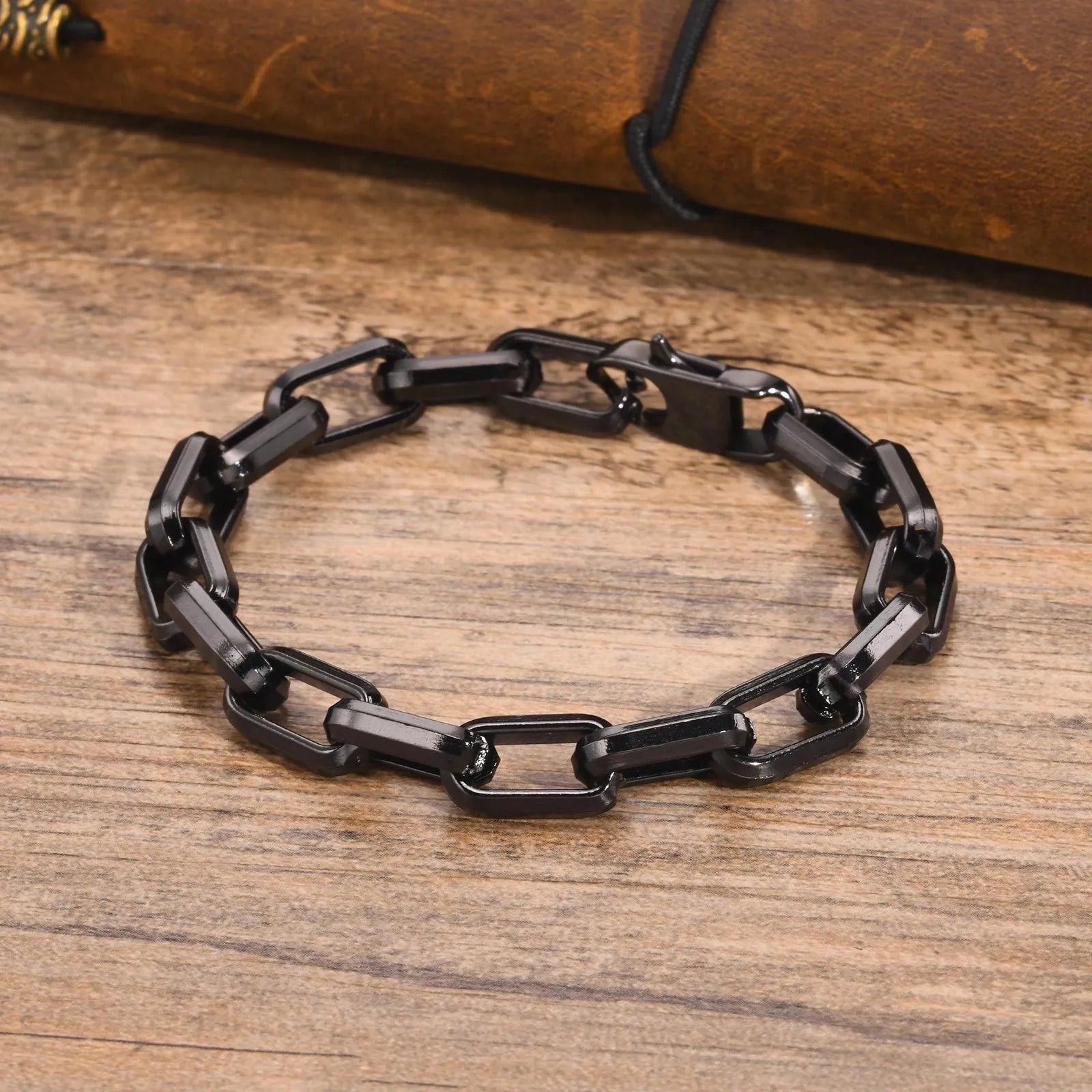 Men's simple square chain titanium steel bracelet in steel, gold, black, and retro colours.