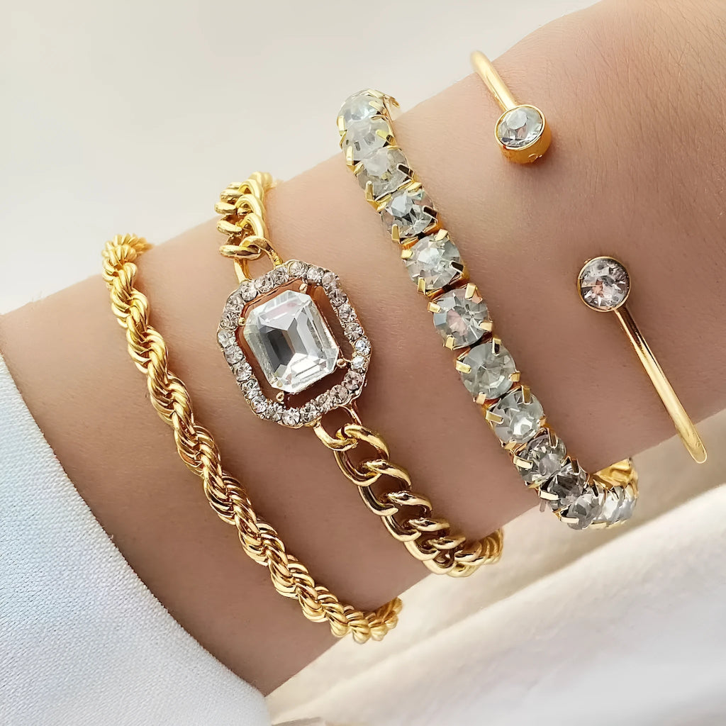 Retro geometric alloy four-piece jewellery set showing bracelet, earrings, necklace and ring with square diamond chain designs