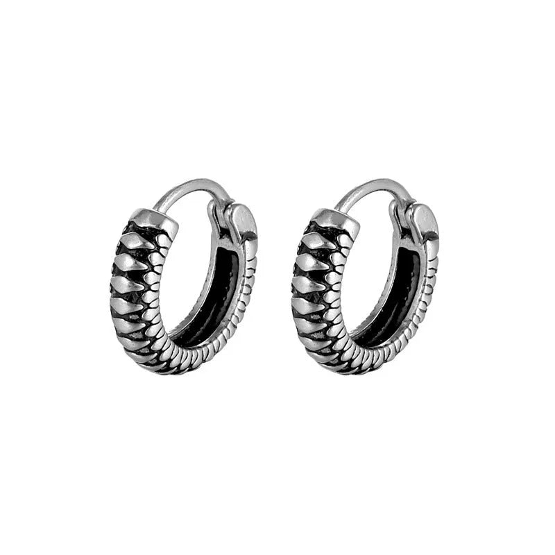 Silver stainless steel retro twist earrings with geometric striped pattern and round elements