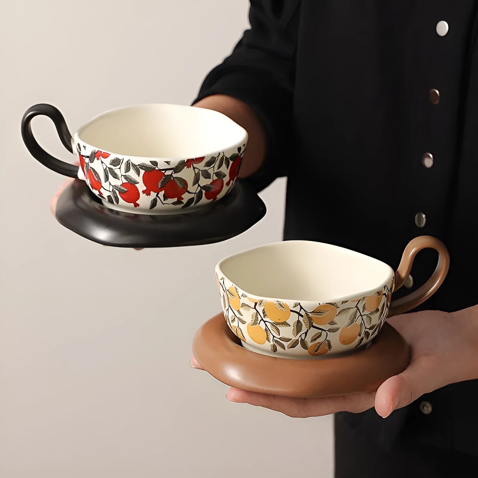 Ceramic coffee cup and saucer set in retro style, 210ml capacity, in black or orange colour