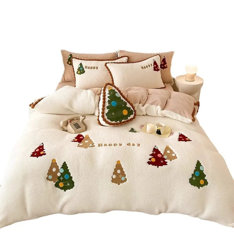 Bright yellow fleece-lined four-piece bedding set with embroidered Christmas cartoon pattern.