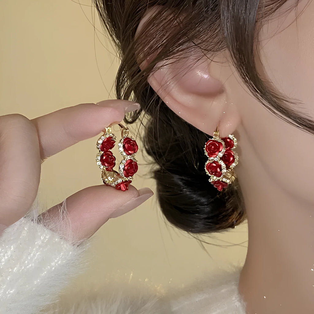 Red alloy flower clip earrings with rose design for women