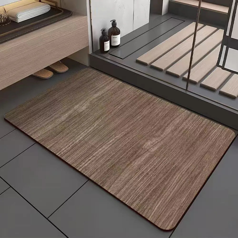 Square American style bathroom floor mat with wood grain geometric pattern in diatom ooze material.
