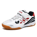 White and blue lightweight badminton shoes with a low-top PVC upper and ribbed sole.