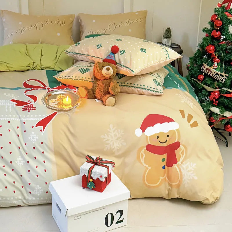 Cartoon printed Christmas bedding four-piece set including sheet, duvet cover and pillowcases.