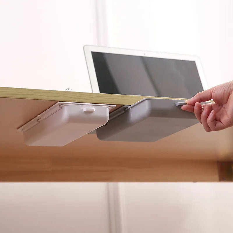 Plastic hidden storage box with drawer that sticks under tables in grey, orange, white or yellow