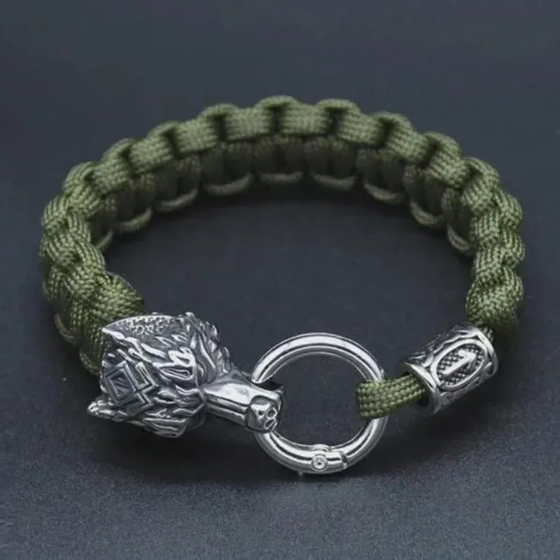 Handmade stainless steel wolf head bracelet with Luen characters in camouflage colour