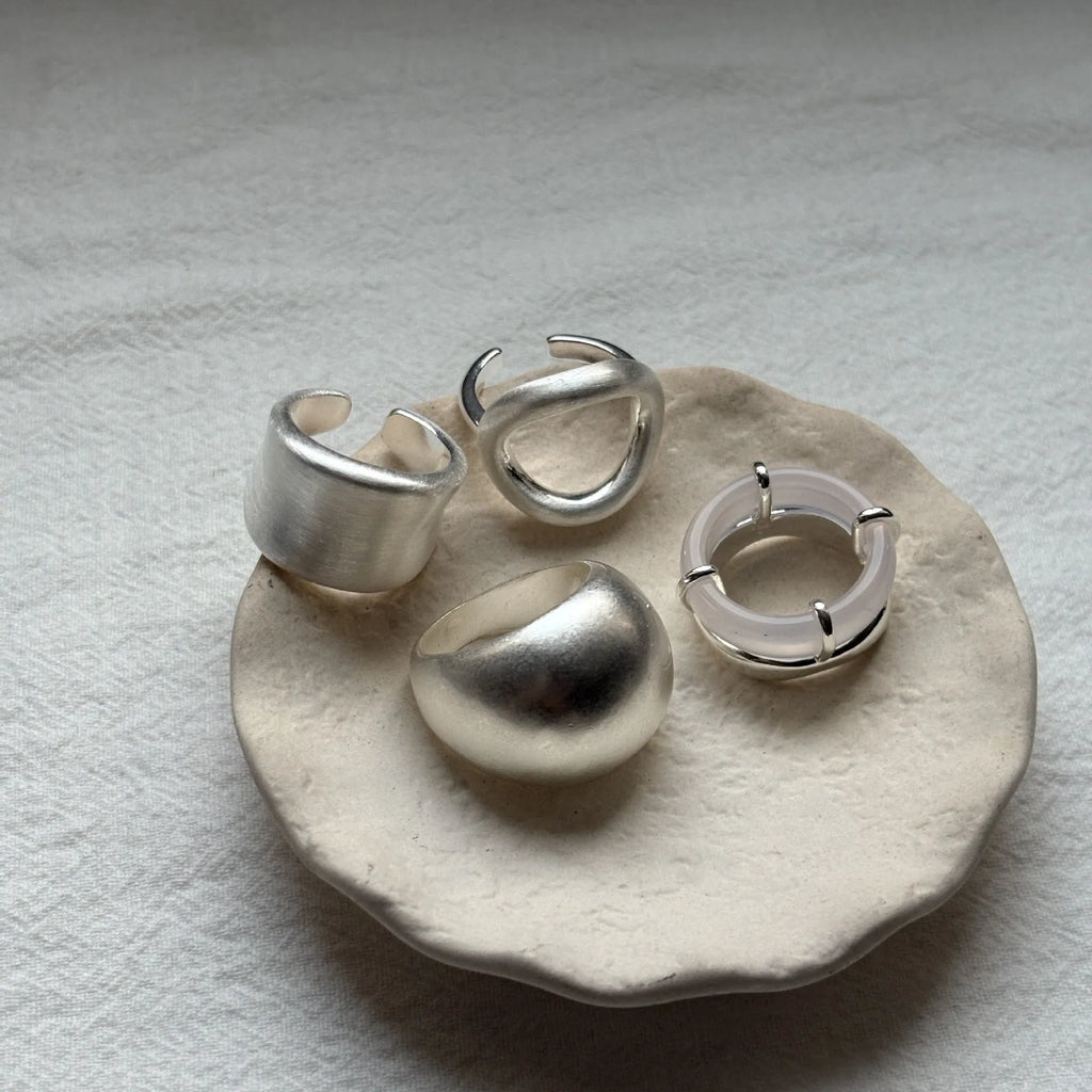 Brass chalcedony double-layer ring for women, geometric round shape, polished copper finish, ins style