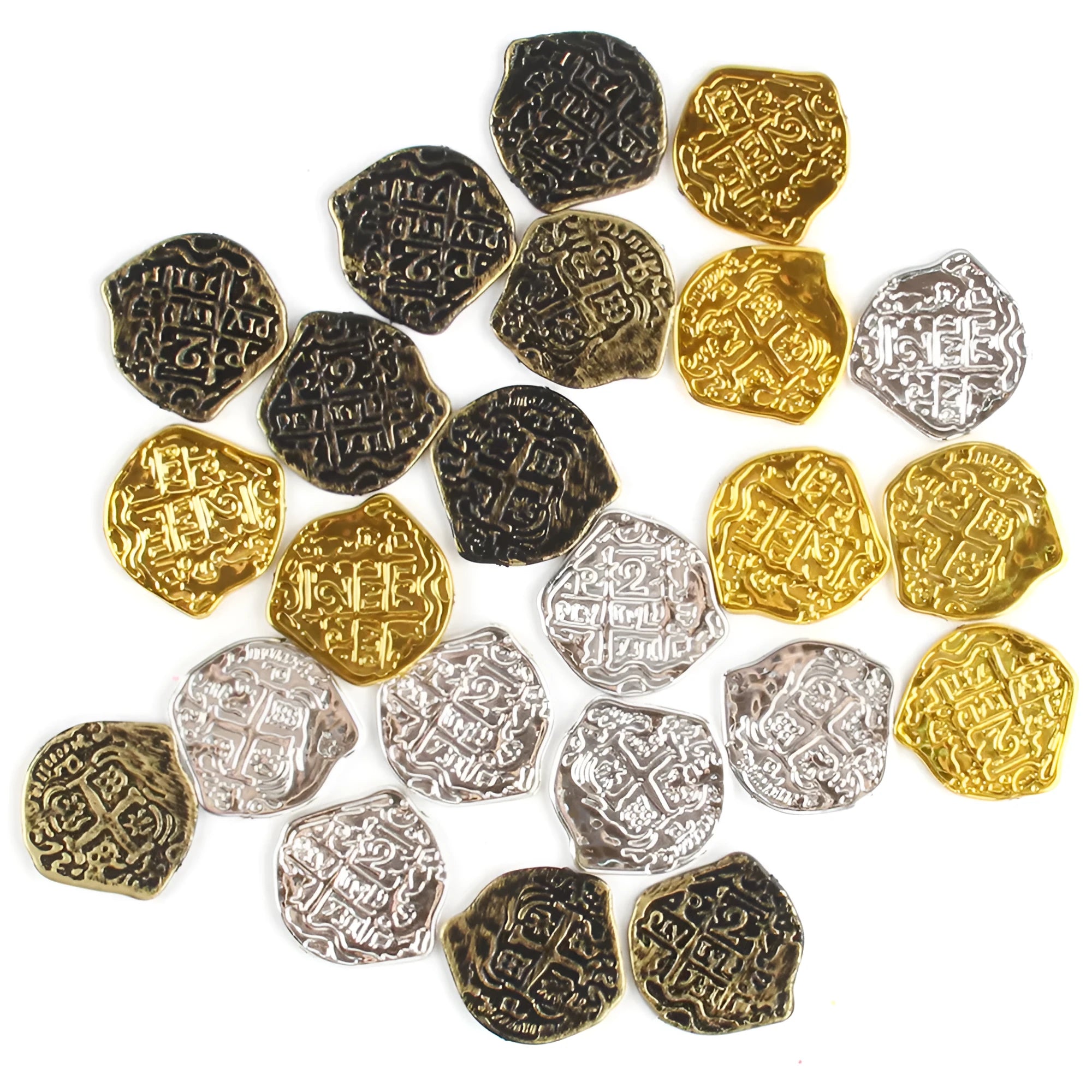 Set of 100 gold, silver, and bronze plastic Roman coins with electroplated metallic finishes.