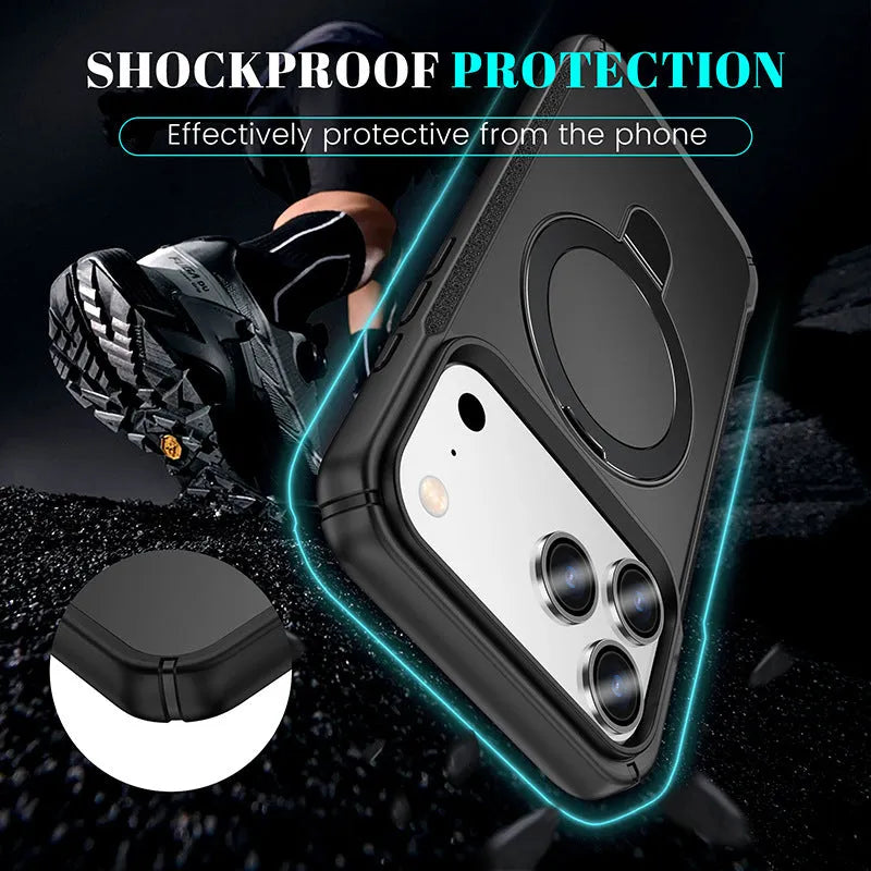 Metal magnetic bracket phone case with drop-resistant PC cover in black, showing built-in stand