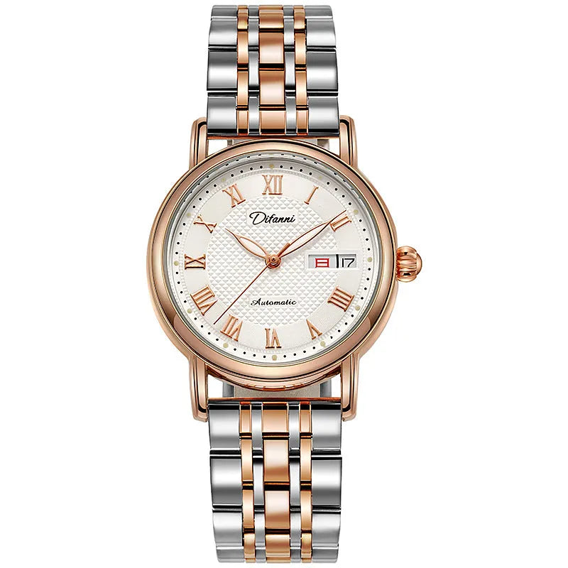 Women's automatic mechanical watch with 12mm thick case shown in various strap and dial colour options.