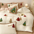 Bright yellow fleece-lined four-piece bedding set with embroidered Christmas cartoon pattern.