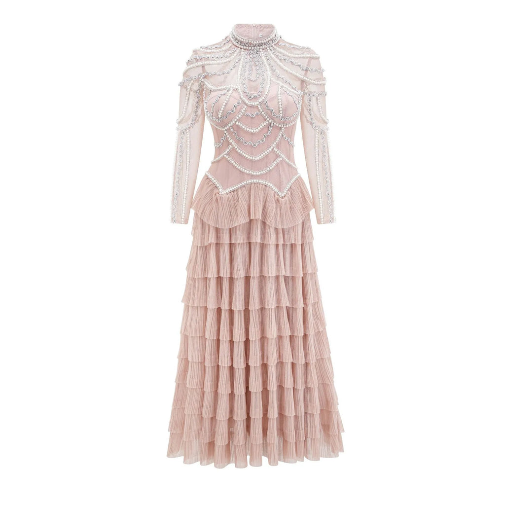 Women's black long sleeve beaded dress with mid waist and full-length skirt.