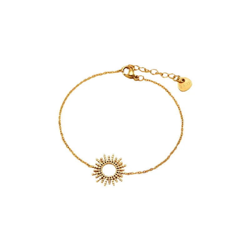 Gold-colour sunflower series necklace and bracelet set with geometric chain on a white background.