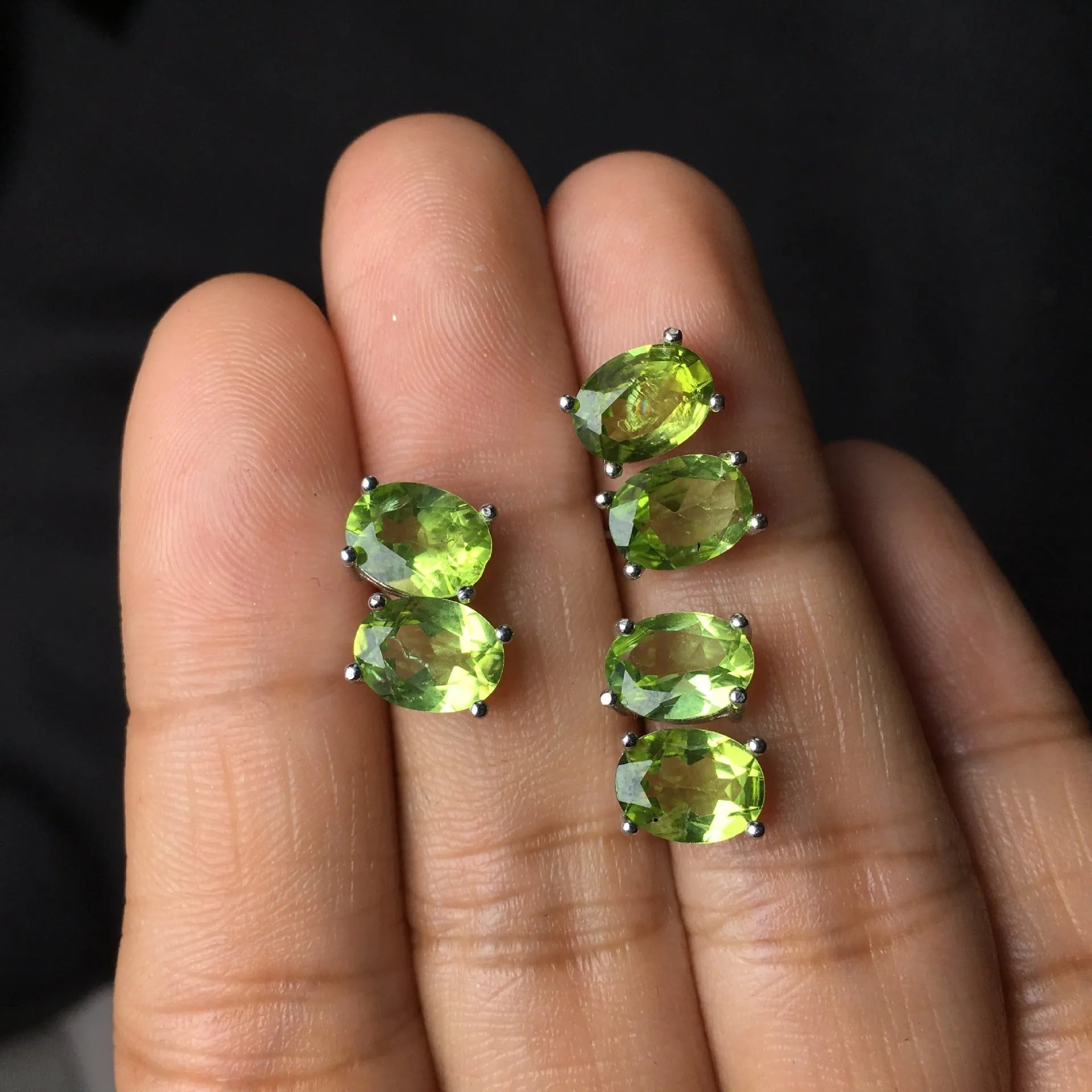 Natural grass green olivine stud earrings in S925 silver with 6x8mm geometric oval stones.