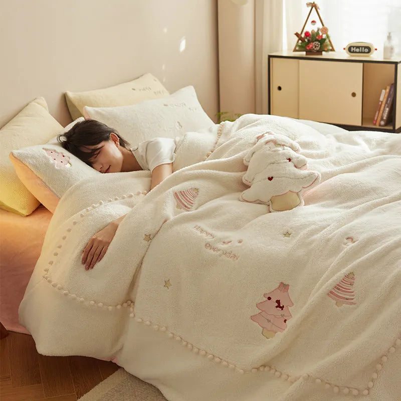 Green and pink Christmas tree printed milk fibre bedding set with quilt cover, sheet, and pillowcases.