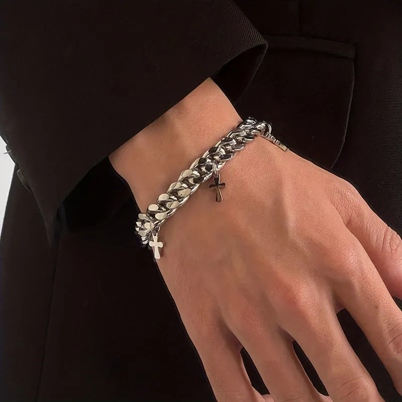 Men's titanium steel bracelet with geometric cross design in cold wind styling