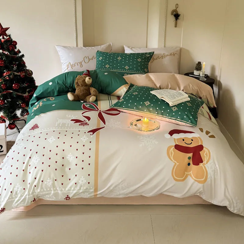 Cartoon printed Christmas bedding four-piece set including sheet, duvet cover and pillowcases.
