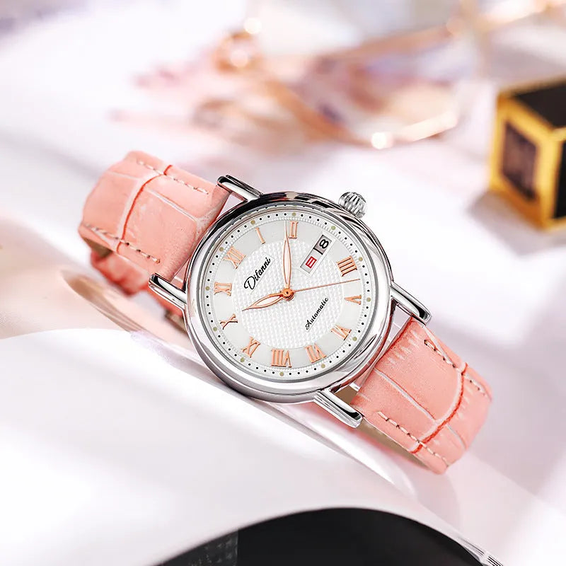 Women's automatic mechanical watch with 12mm thick case shown in various strap and dial colour options.