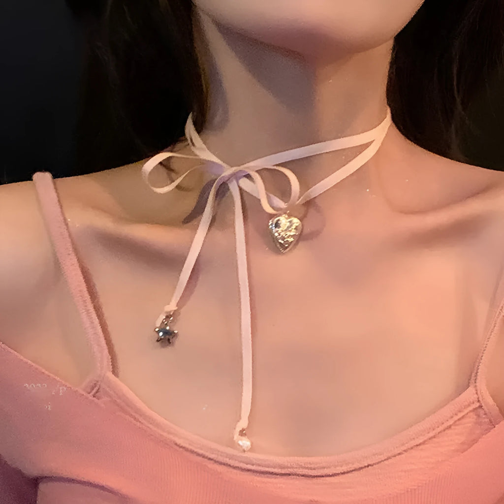 Women's ribbon love pendant fashion necklace in alloy metal with electroplated finish
