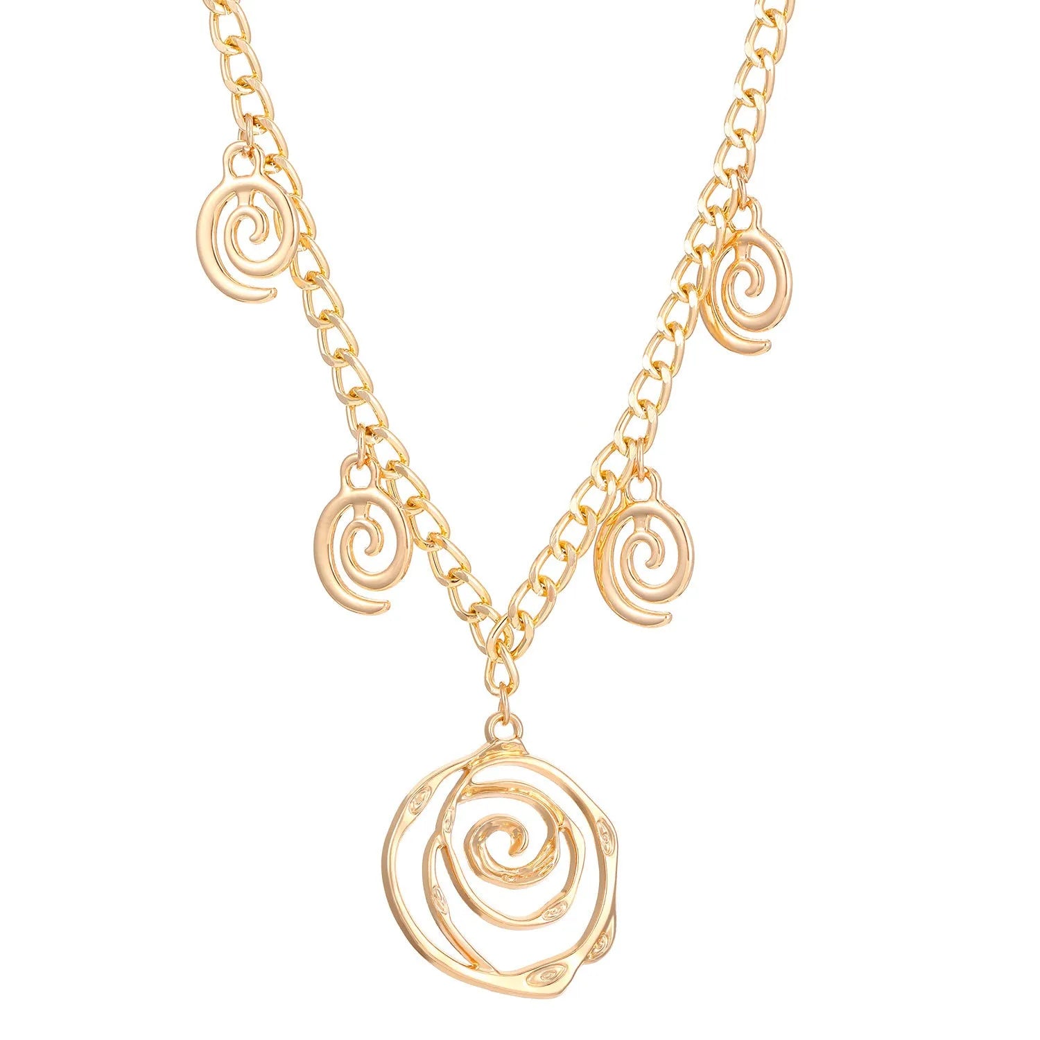 Spiral donut jewellery set showing necklace, bracelet, and ear hooks in gold or silver tone alloy