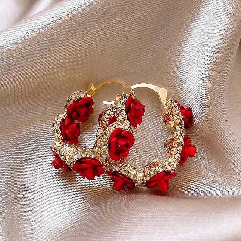 Red alloy flower clip earrings with rose design for women