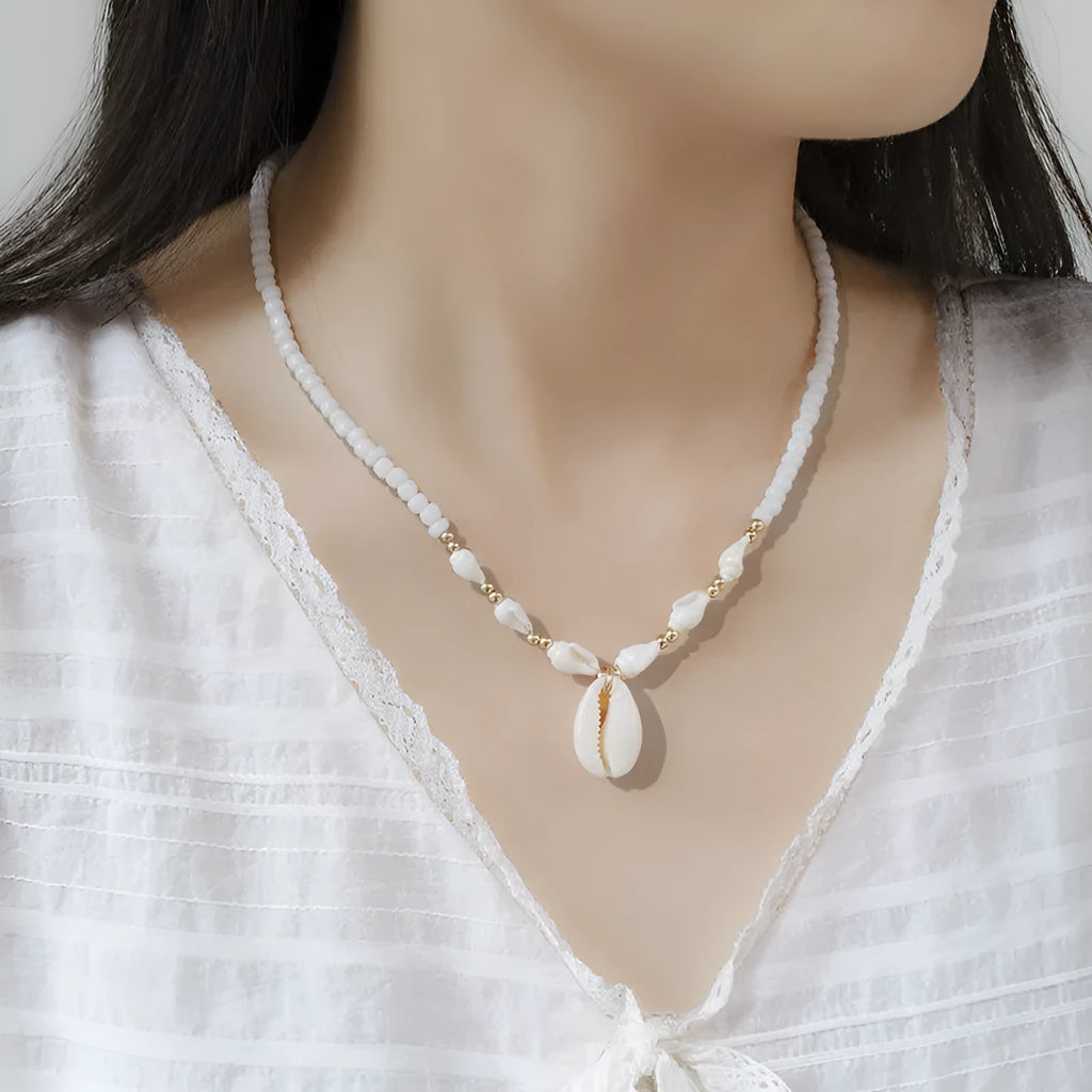 Conch white bead shell necklace with mother-of-pearl pendant on regular chain