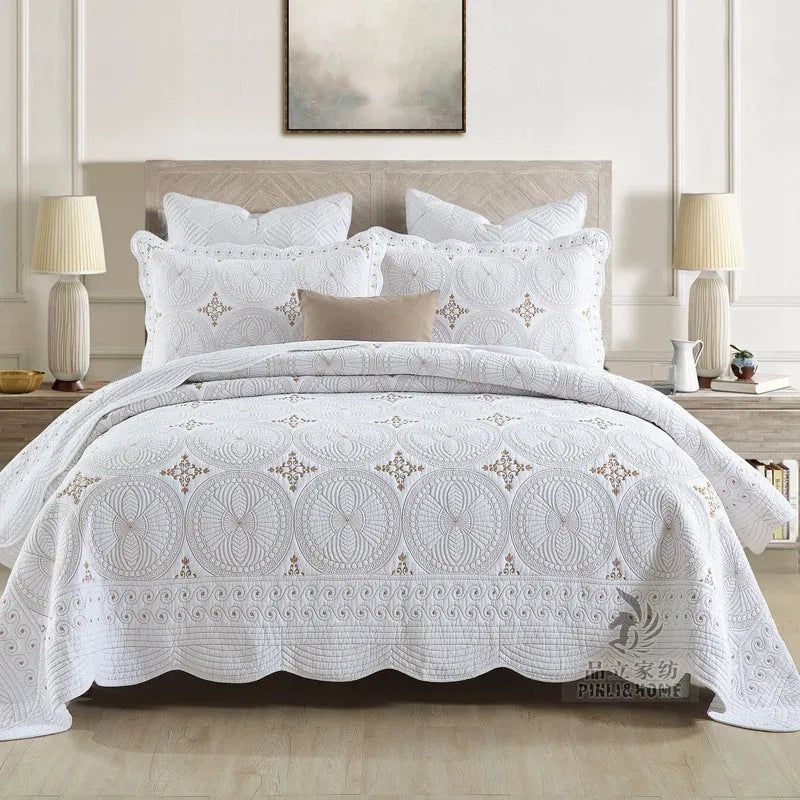 Pure cotton European-style embroidered bed cover set with two pillowcases on a 1.8m bed.