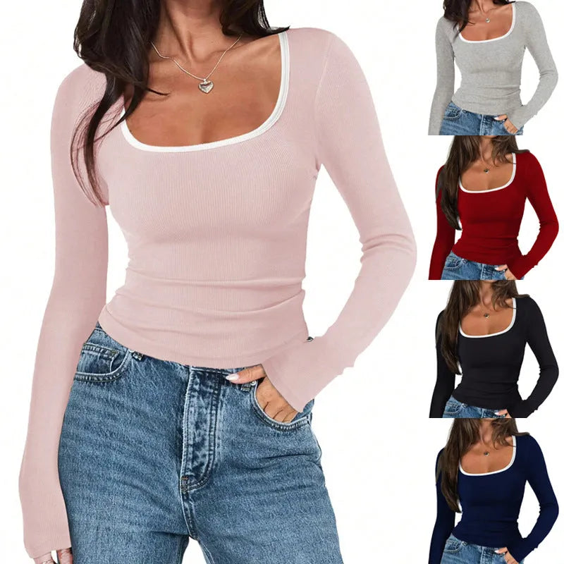 Cotton women's square collar slim fit long sleeve top in solid colours on a hanger.