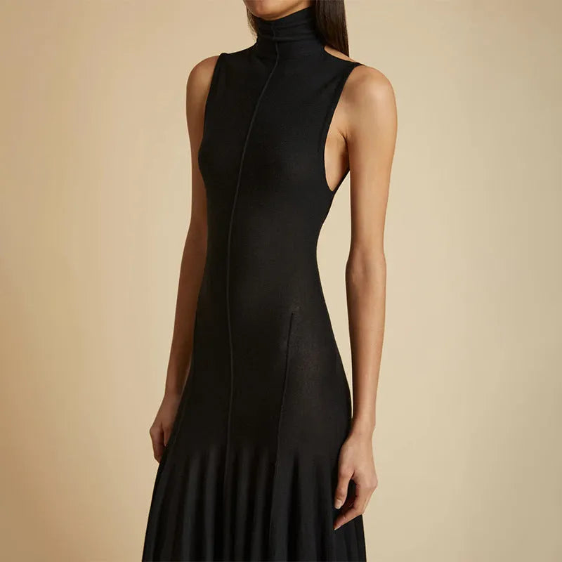 Grey women's slim-fit cotton dress with half-turtleneck and backless design
