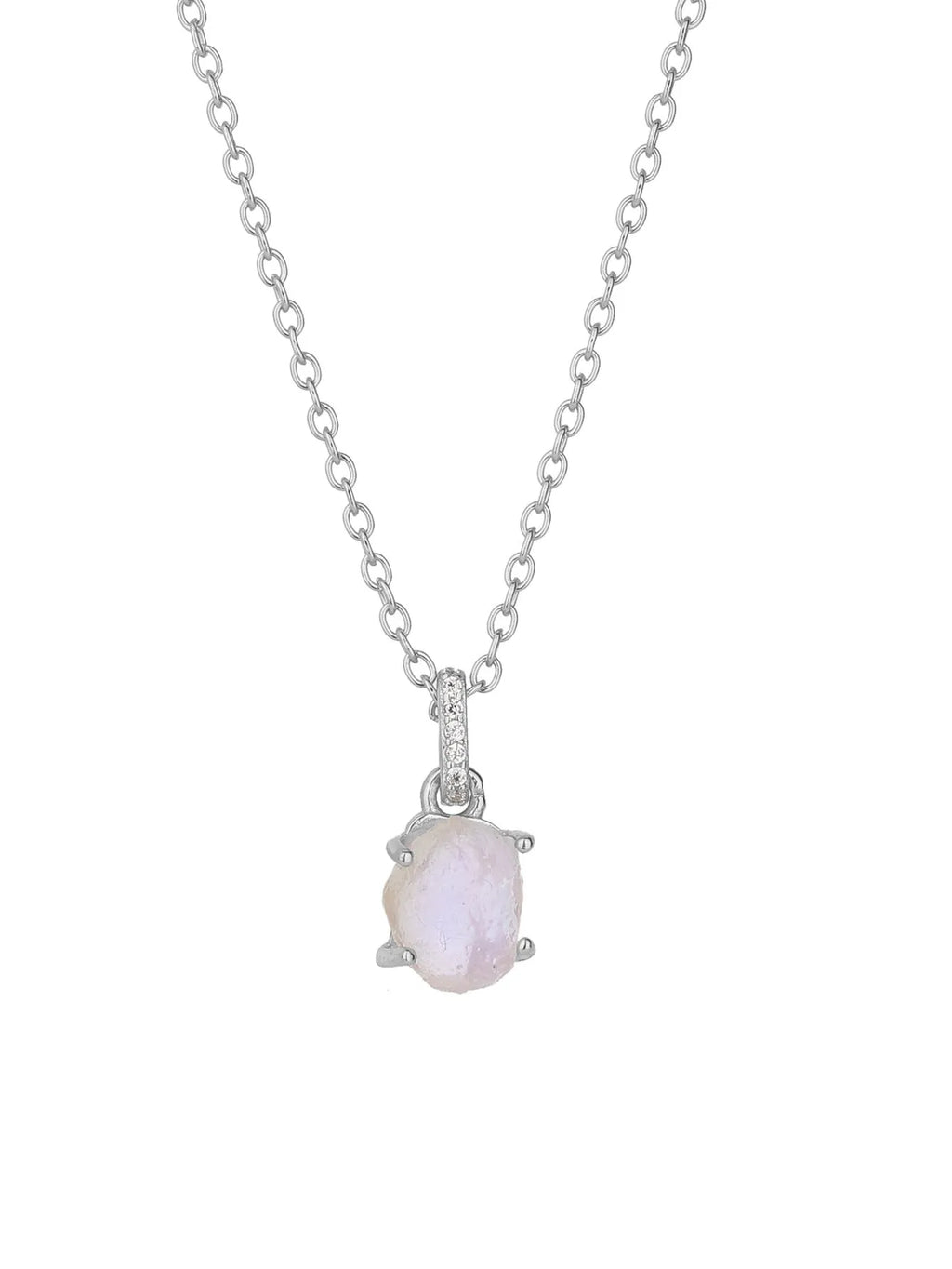 Geometrical quadrilateral moonstone pendant on an adjustable sterling silver curb chain necklace.