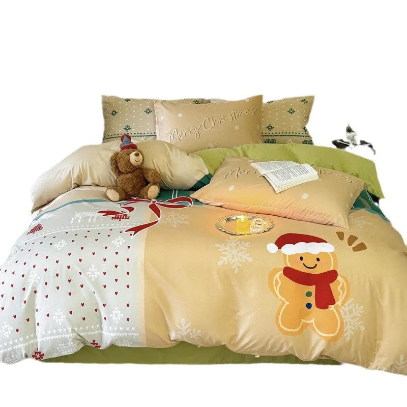 Cartoon printed Christmas bedding four-piece set including sheet, duvet cover and pillowcases.