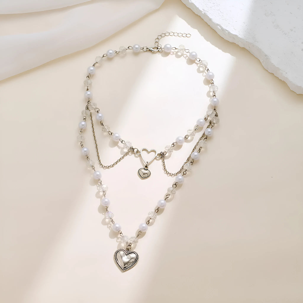 Retro alloy double-layer love heart necklace with electroplated finish