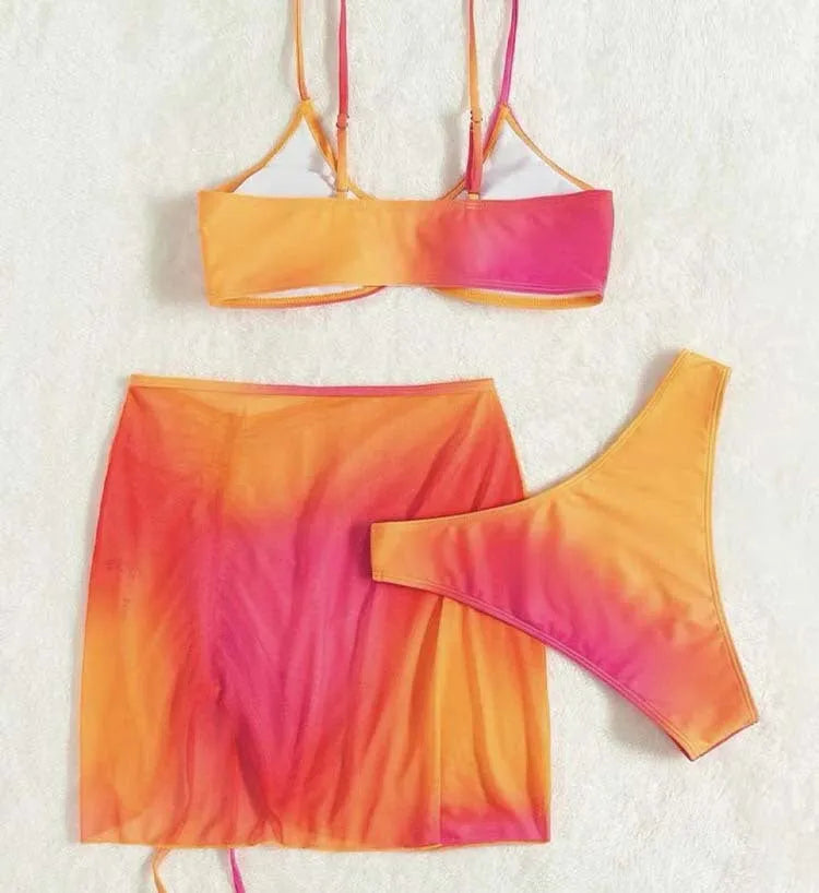 Women's orange gradient three-piece swimsuit with adjustable hollow suspenders and loop buckles