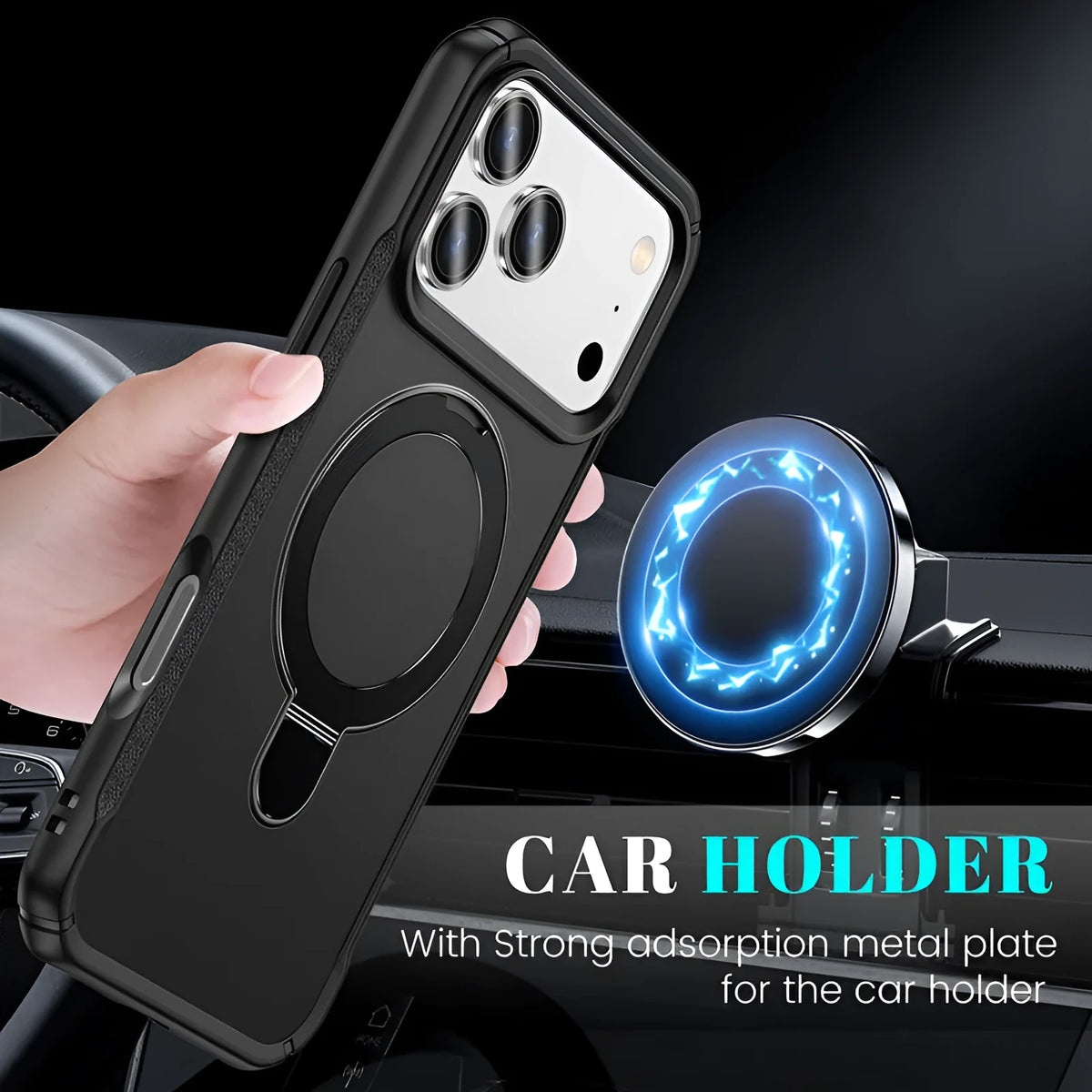 Metal magnetic bracket phone case with drop-resistant PC cover in black, showing built-in stand