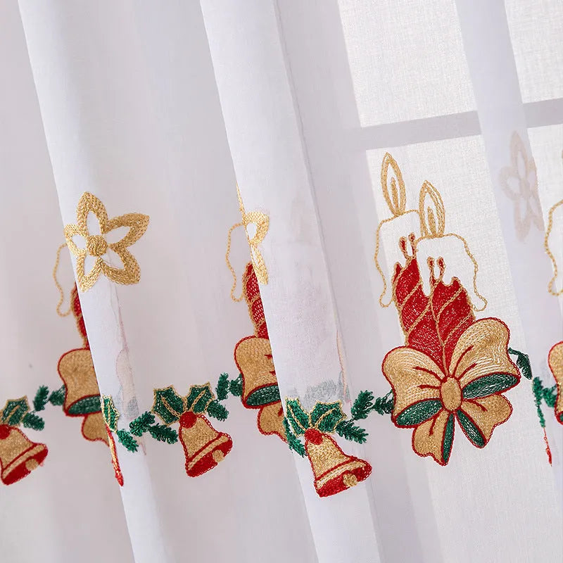American Christmas curtain pair with embroidered snowflake design in semi-sunshade polyester fabric