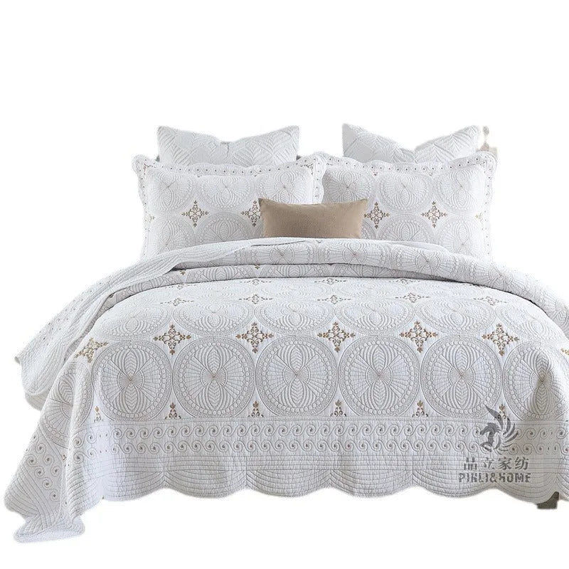 Pure cotton European-style embroidered bed cover set with two pillowcases on a 1.8m bed.
