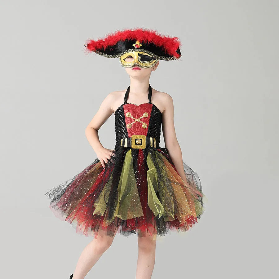 Girls pirate Halloween costume dress with sequins, mesh panels and lace detailing in sleeveless design