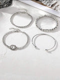 Retro geometric alloy four-piece jewellery set showing bracelet, earrings, necklace and ring with square diamond chain designs