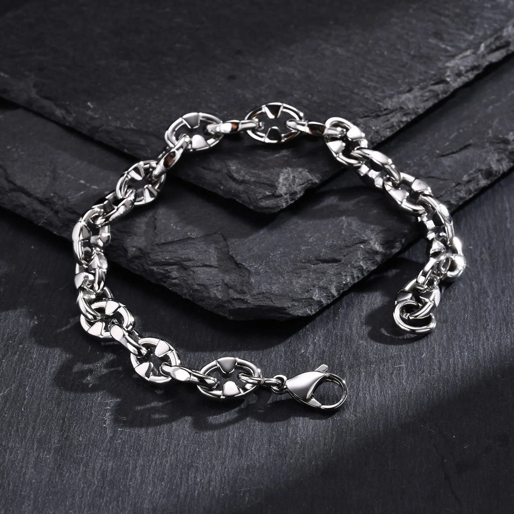 Men's thick stainless steel handmade geometric chain bracelet in steel colour.