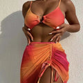 Women's orange gradient three-piece swimsuit with adjustable hollow suspenders and loop buckles