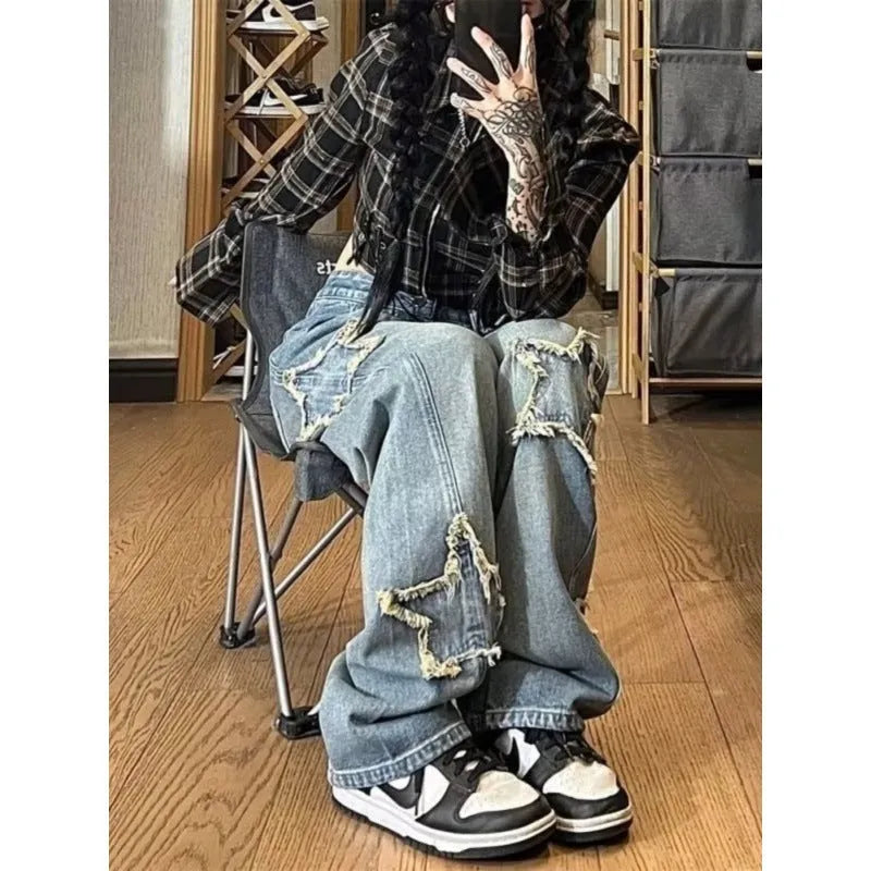 Blue high-waist straight-leg women's jeans laid flat.