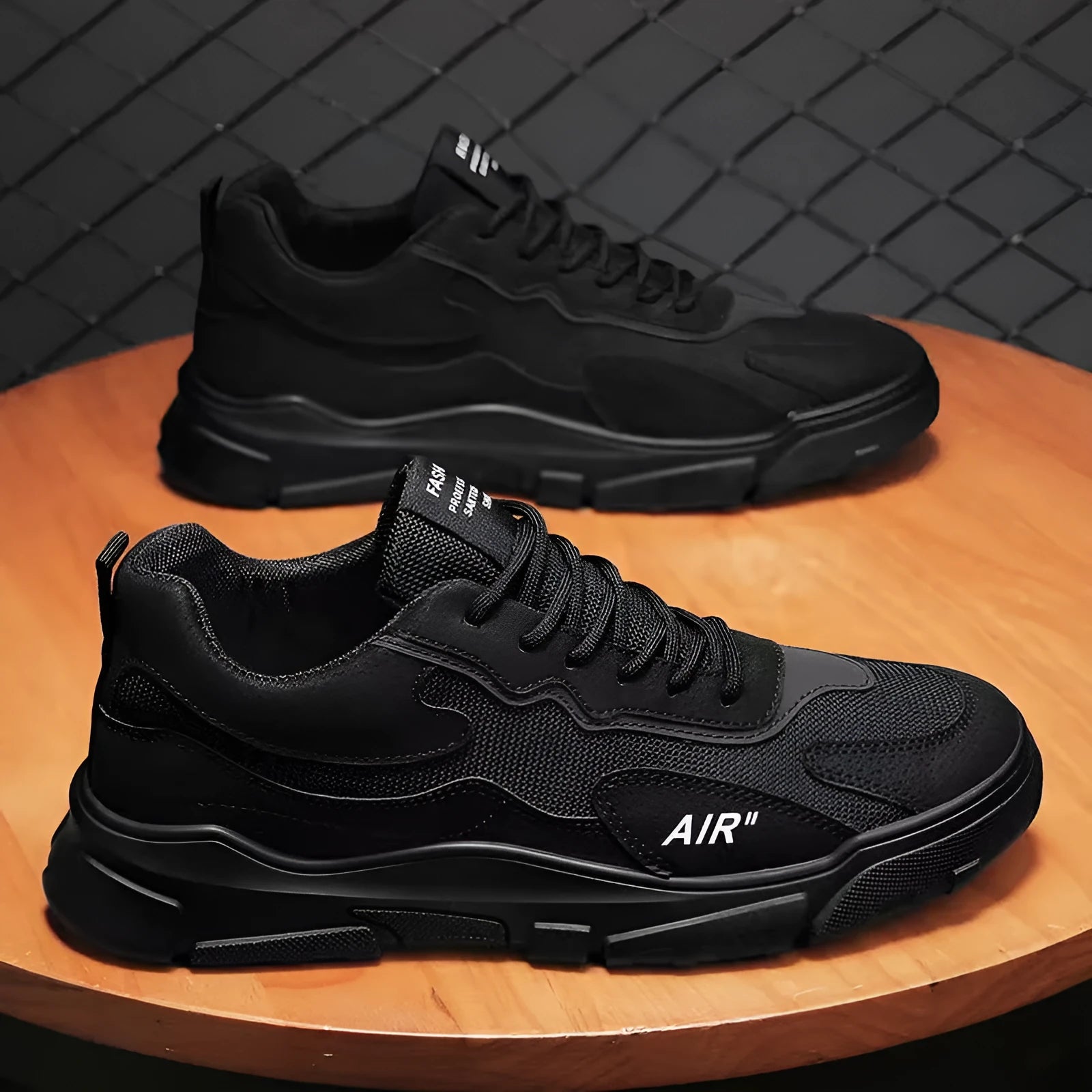 Simple men's black mesh fabric board shoes with lace-up closure for casual daily sports